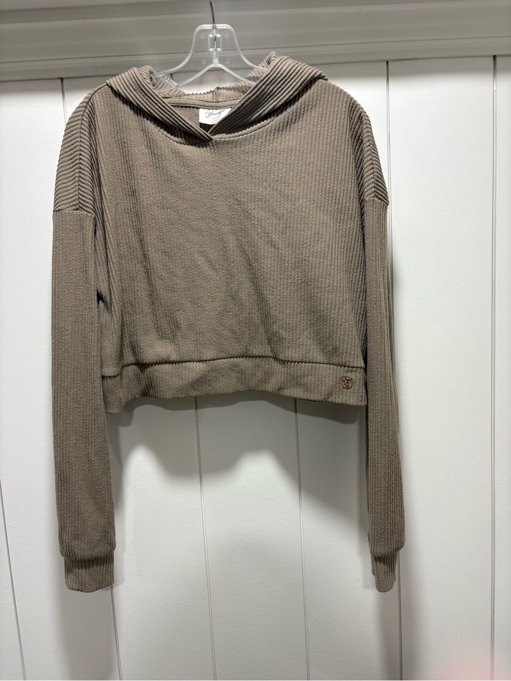 YoungLA Taupe Cropped Hooded Rib Knit Top